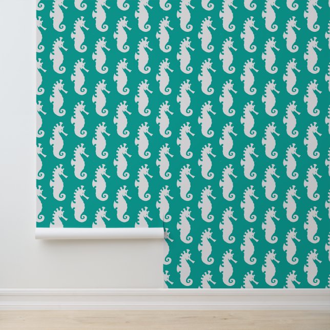 Papel Pintado Patrón de caballitos de mar verde azulados 1 (Solicitud)