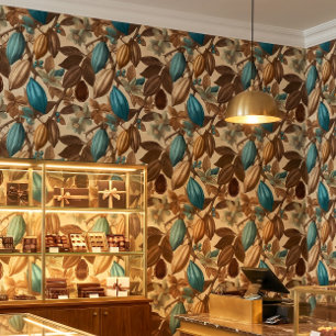 Papel Pintado Patrón de Cacao Turquesa Marrón Dorado