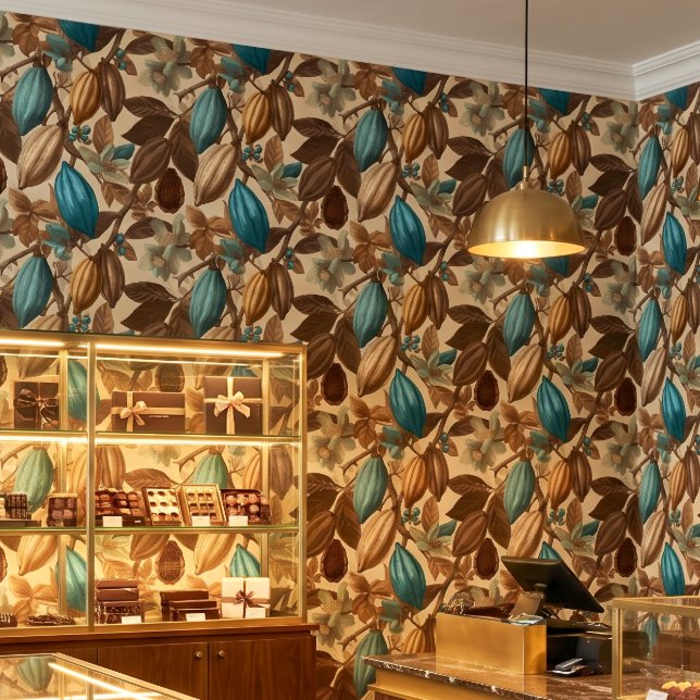 Papel Pintado Patrón de Cacao Turquesa Marrón Dorado (Subido por el creador)