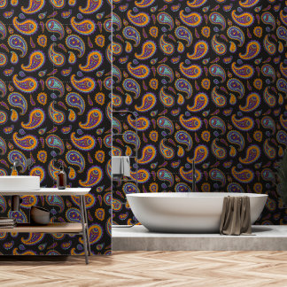 Papel Pintado Patrón de cachemira vintage retro naranja azul púr