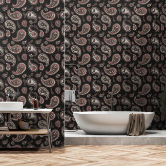Papel Pintado Patrón de cachemira vintage retro verde oliva rosa