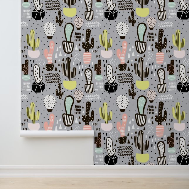 Papel Pintado Patrón de cactus dibujado a mano con textura (Solicitud)