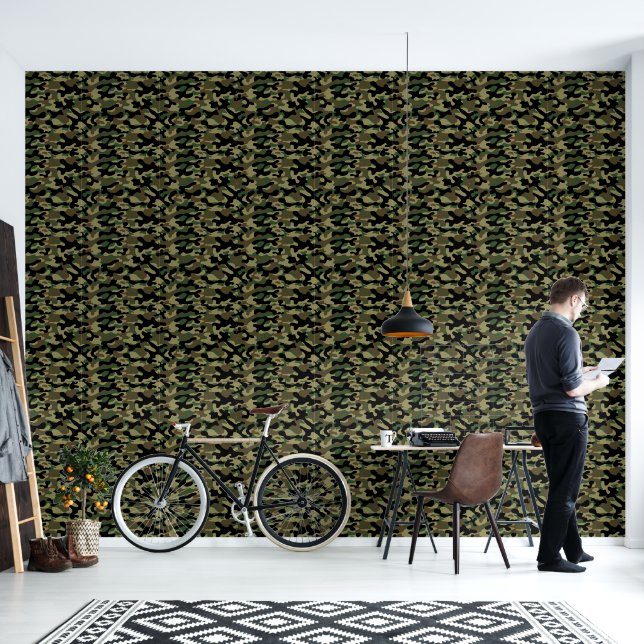 Papel Pintado Patrón de camuflaje caqui de bosque  (Sala de estar)