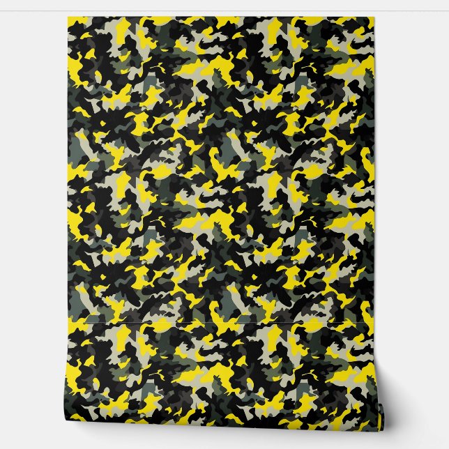 Papel Pintado Patrón de camuflaje negro y amarillo (Desenrollar)