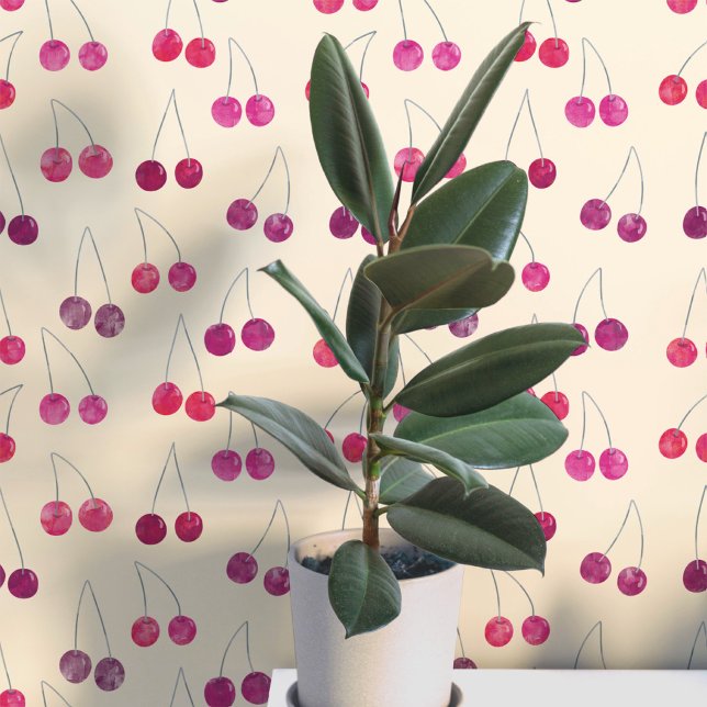 Papel Pintado Patrón de cereza acuarela (Sweet watercolor cherry pattern art wallpaper In cream)