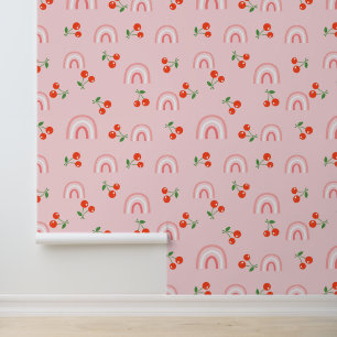 Papel Pintado Patrón de cerezas de arcoiris rosa