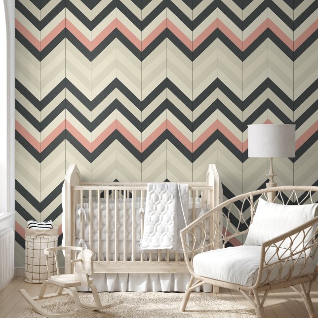 Papel Pintado Patrón de Chevron gris y rosa beige (Niños)