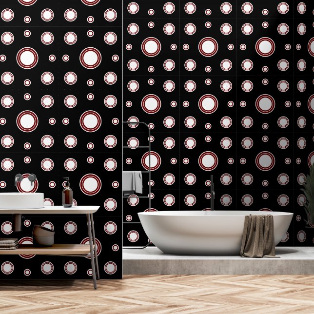 Papel Pintado Patrón de círculo rojo blanco moderno negro (Baño)