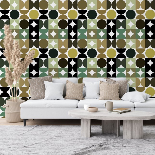 Papel Pintado Patrón de Círculos Verde Beige Negro Mostaza Marró (Subido por el creador)