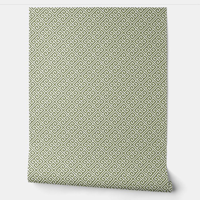 Papel Pintado Patrón de clave verde oliva y griego blanco (Desenrollar)