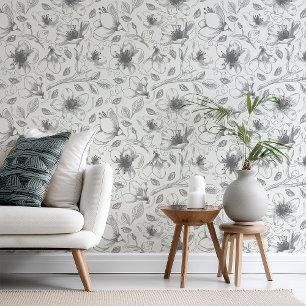 Papel Pintado Patrón de contorno floral bosquejado Gris/Blanco I
