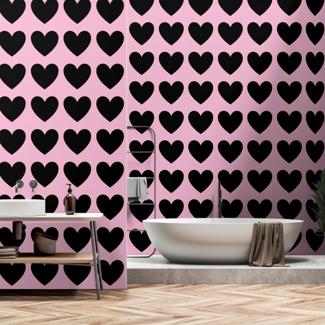 Papel Pintado Patrón de corazón de personalizable, negro sobre r (Baño)