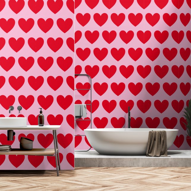 Papel Pintado Patrón de corazón de personalizable, rojo sobre ro (Baño)