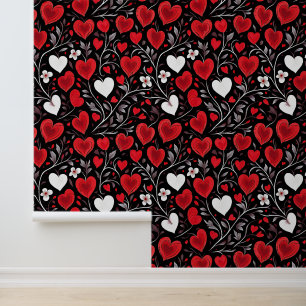 Papel Pintado Patrón de Corazón y Flores Rojas, Negras y Blancas