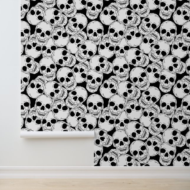 Papel Pintado Patrón de cráneo blanco y negro gótico (Solicitud)