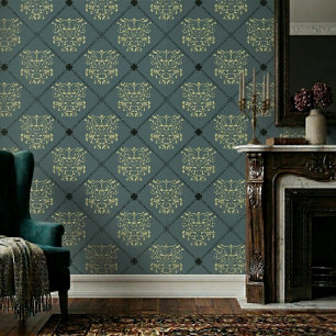 Papel Pintado Patrón de Damasco de Diamante Verde Gris