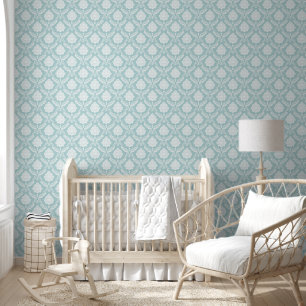 Papel Pintado Patrón de damasco rococó blanco sobre azul huevo d
