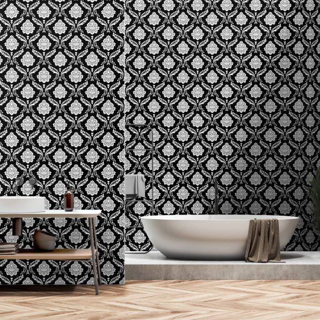 Papel Pintado Patrón de Damasco Rococó Blanco sobre Negro (Baño)