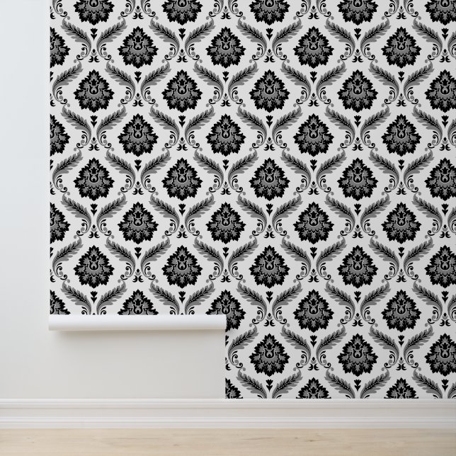 Papel Pintado Patrón de damasco rococó gris negro blanco (Solicitud)