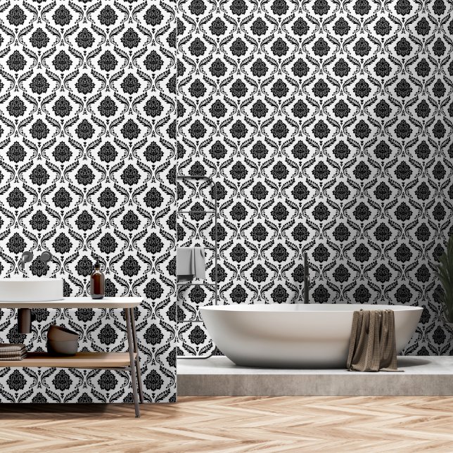 Papel Pintado Patrón de Damasco Rococó Negro sobre Blanco (Baño)