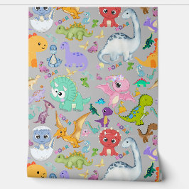 Papel Pintado Patrón de dinosaurio corto sobre gris |