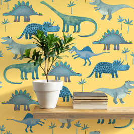 Papel Pintado Patrón de dinosaurio divertido amarillo azul