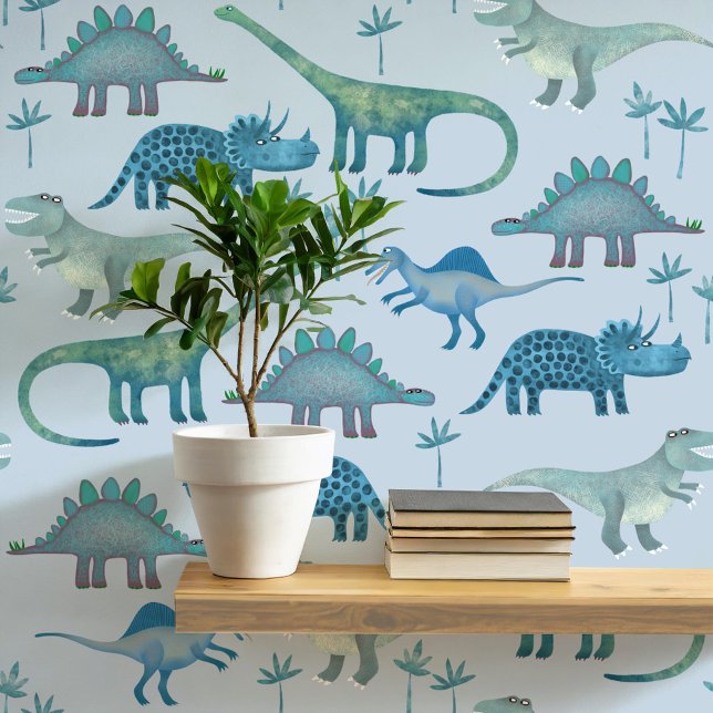 Papel Pintado Patrón de dinosaurios divertidos azul (Dinosaur Tyrannosaurus Rex Stegosaurus triceratops diplodocus blue kids peel and stick wallpaper)