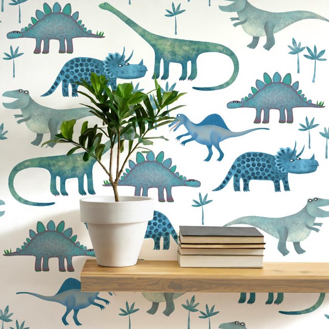Papel Pintado Patrón de dinosaurios divertidos Niños blancos azu (Dinosaur Tyrannosaurus Rex Stegosaurus triceratops diplodocus kids peel and stick wallpaper)