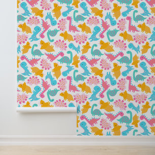 Papel Pintado Patrón de dinosaurios divertidos rosa y Verde azul