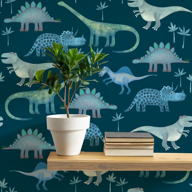 Papel Pintado Patrón de dinosaurios divertidos verde Verde azula (Dinosaur Tyrannosaurus rex, stegosaurus, triceratops diplodocus teal green peel and stick wallpaper)