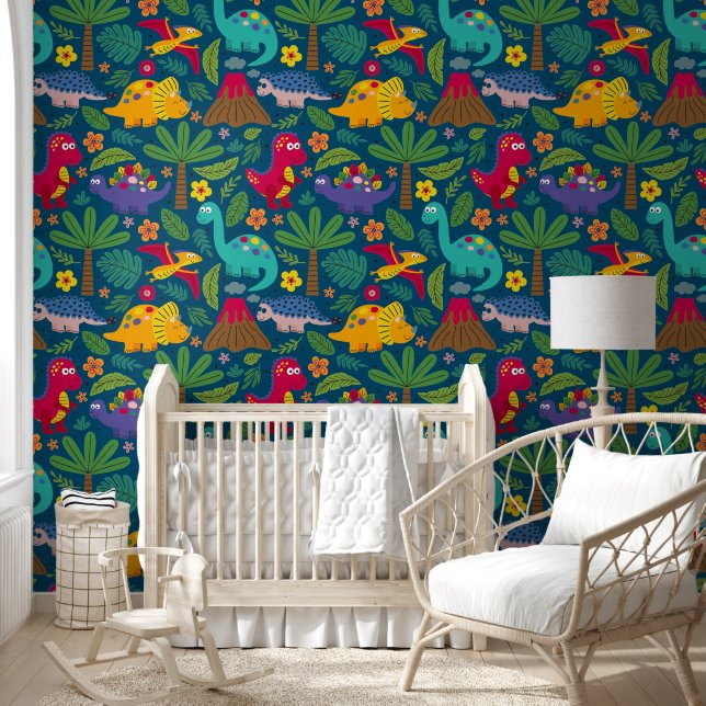 Papel Pintado Patrón de dinosaurios divertidos y coloridos (Niños)