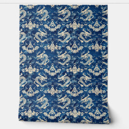 Papel Pintado Patrón de dragones florales azules y chinos
