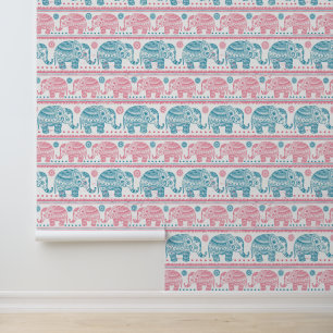 Papel Pintado Patrón De Elefante Étnico Rosa Y Verde azulado