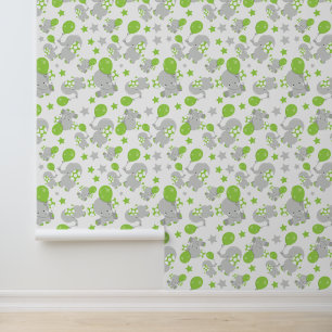 Papel Pintado Patrón de Elefantes, Elefantes Cutos - Gris Verde