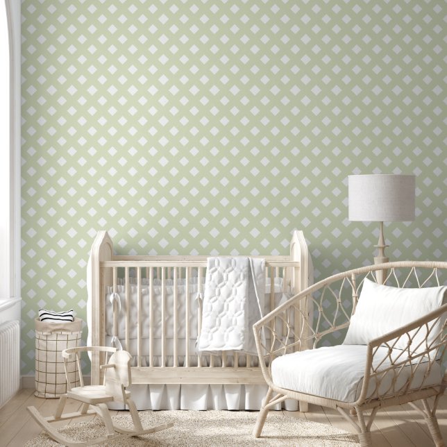 Papel Pintado Patrón de Entramado Chic Blanquecino Verde y Blanc (Niños)