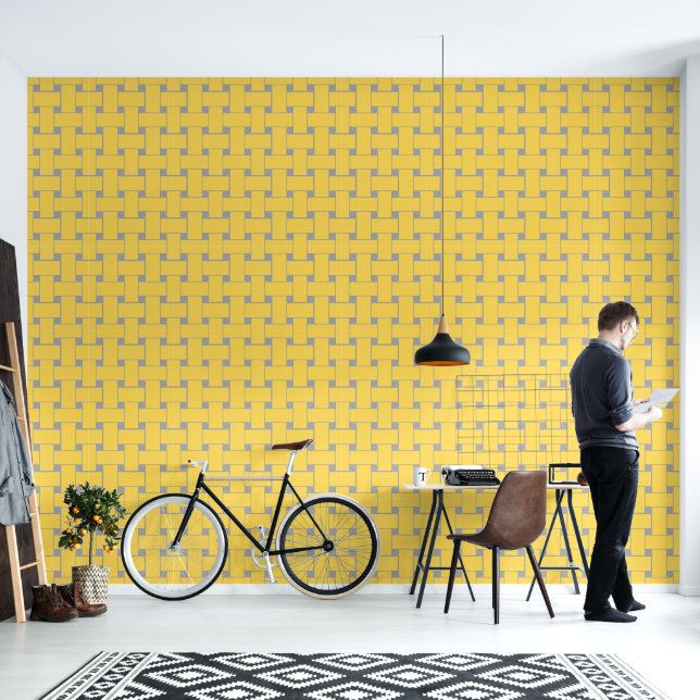 Papel Pintado Patrón de entrelazado gris y amarillo (Sala de estar)