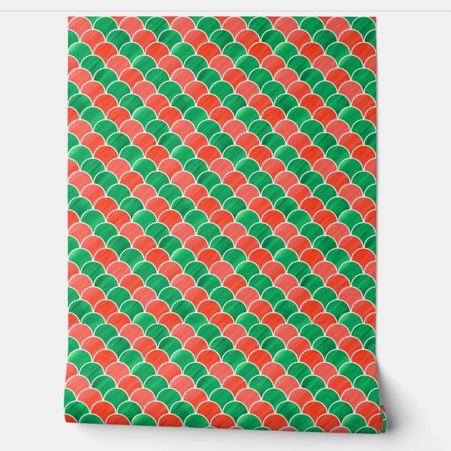 Papel Pintado Patrón de escala de Navidades rojos verdes (Desenrollar)