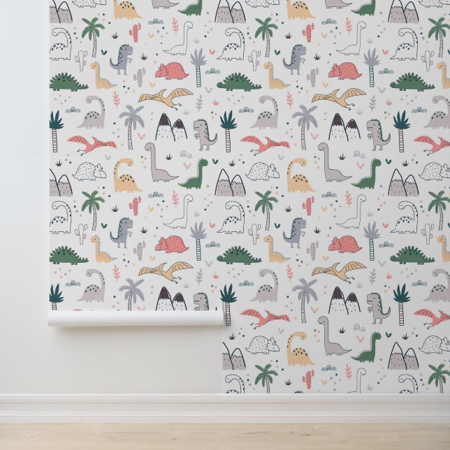 Papel Pintado Patrón de escena de Dinosaurio Divertido Pastel (Solicitud)