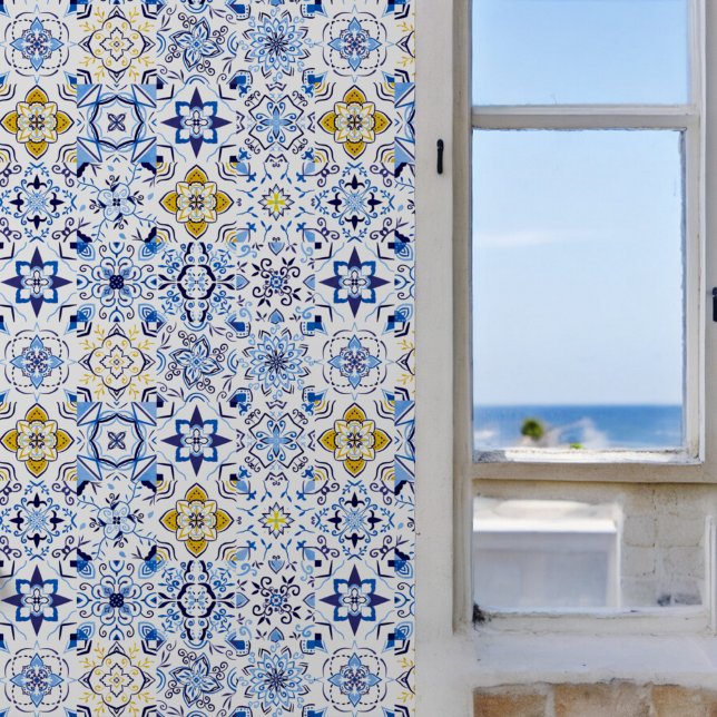 Papel Pintado Patrón de estilo mediterráneo amarillo azul Boho (Boho Blue Yellow Mediterranean Style Pattern Wallpaper)