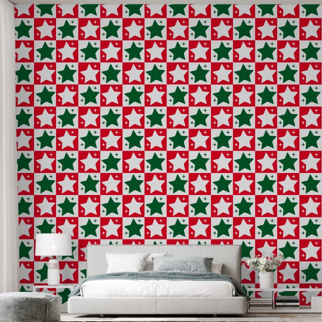 Papel Pintado Patrón de estrellas de Navidad verde rojo (Dormitorio)