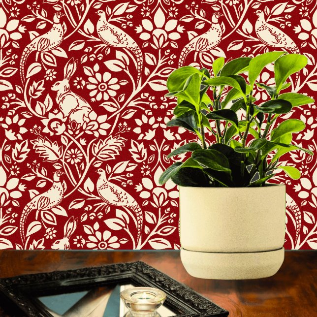 Papel Pintado Patrón de faisán y liebre, rojo profundo y crema (Subido por el creador)