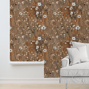 Papel Pintado Patrón de Flor Blanca Marrón