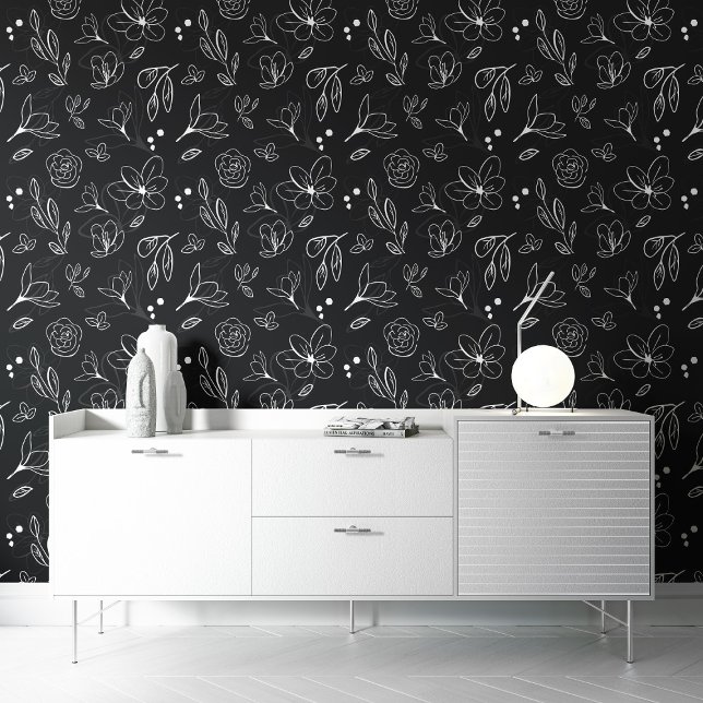 Papel Pintado Patrón de flor blanca negra floral oscura botánica (Black and white floral patter peel and stick wall paper by Lorena Depante.)