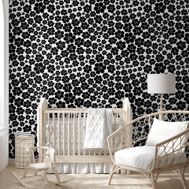 Papel Pintado Patrón de Flor - Blanco y Negro (Niños)