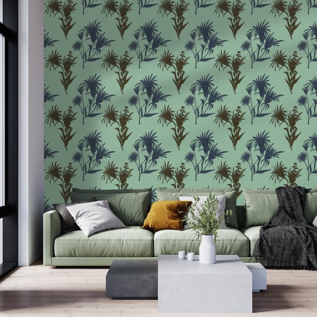 Papel Pintado Patrón de Flor Botánica Boho Azul Menta (Subido por el creador)