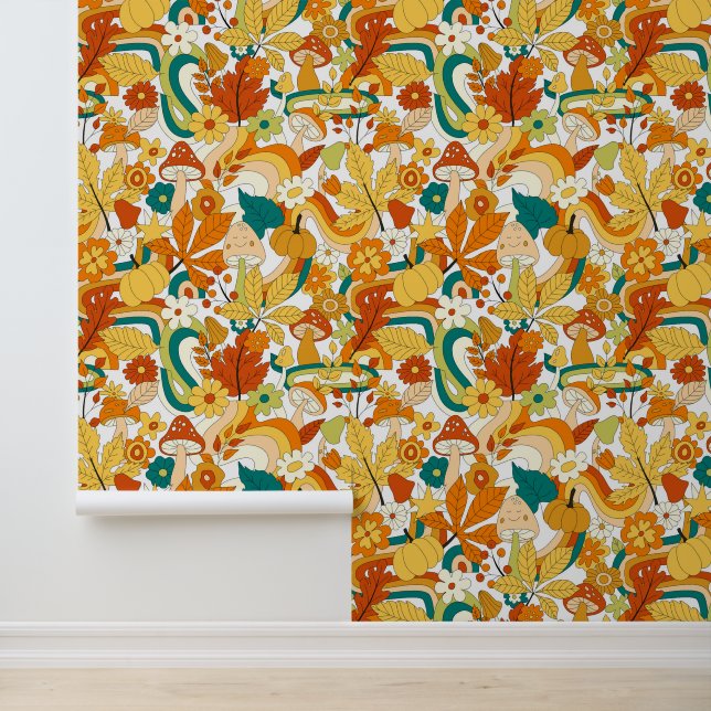 Papel Pintado Patrón de flor de hongos Retro Groovy (Solicitud)
