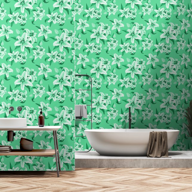 Papel Pintado Patrón de flor de Lirio Verde (Baño)