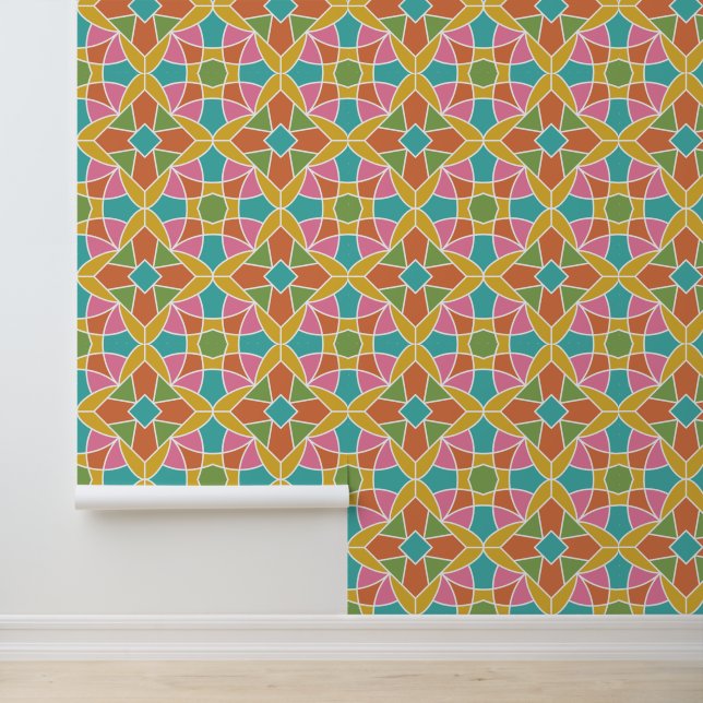 Papel Pintado Patrón de flor geométrica arco iris retro (Solicitud)