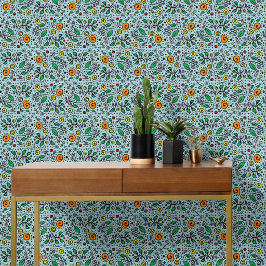 Papel Pintado Patrón de Flor Naranja Remolino de Frutas en Azul 