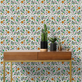 Papel Pintado Patrón de Flor naranja Remolino de Frutas en Blanc